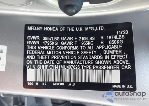 2021 Honda Civic Sport z USA, uszkodzony, nr VIN SHHFK7H41MU407626